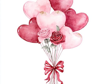 May include: Watercolor illustration of a bouquet of heart-shaped balloons in shades of pink and red, accented with gold glitter. Two roses are nestled among the balloons, tied with a red ribbon. The image is set against a white background.