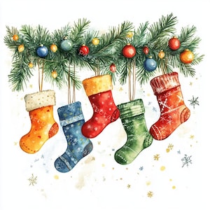 14 medias navideñas, tarjetas navideñas, guirnaldas navideñas, acuarelas imprimibles, archivos JPG de alta calidad, manualidades de papel, diario basura