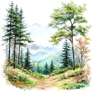 22 Forest Landscape Clipart, Greenery Landscape, Nature Clipart, Printable Watercolor, High-Quality JPGs, Junk Journal, Digital Craft