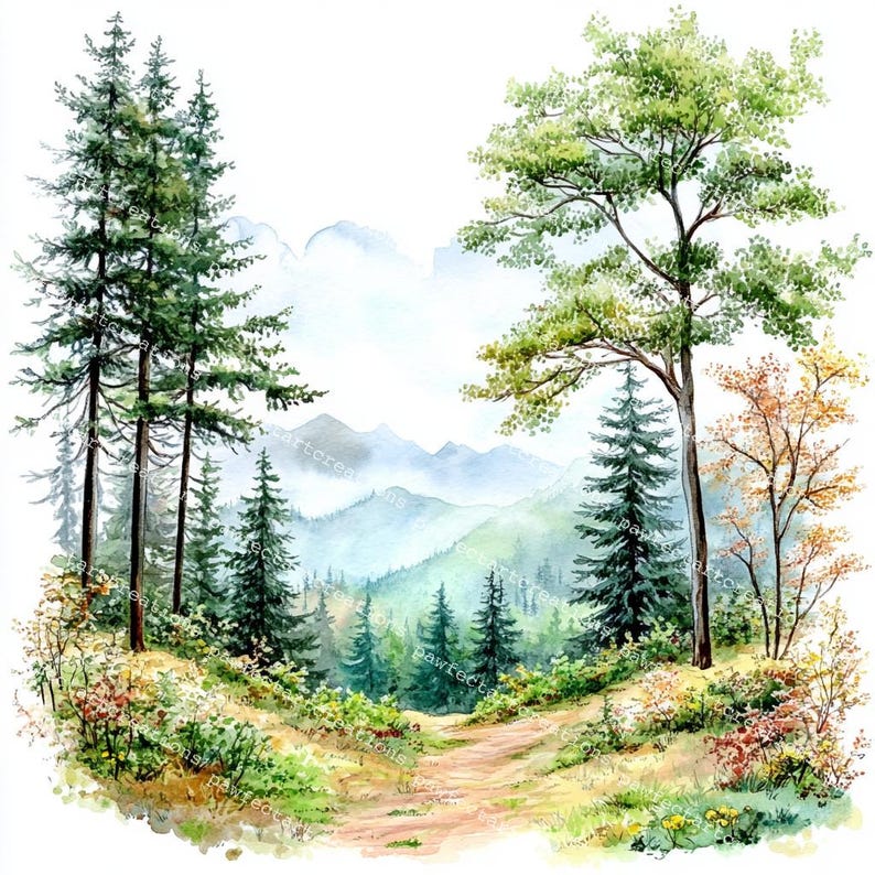 22 Forest Landscape Clipart, Greenery Landscape, Nature Clipart, Printable Watercolor, High-Quality JPGs, Junk Journal, Digital Craft