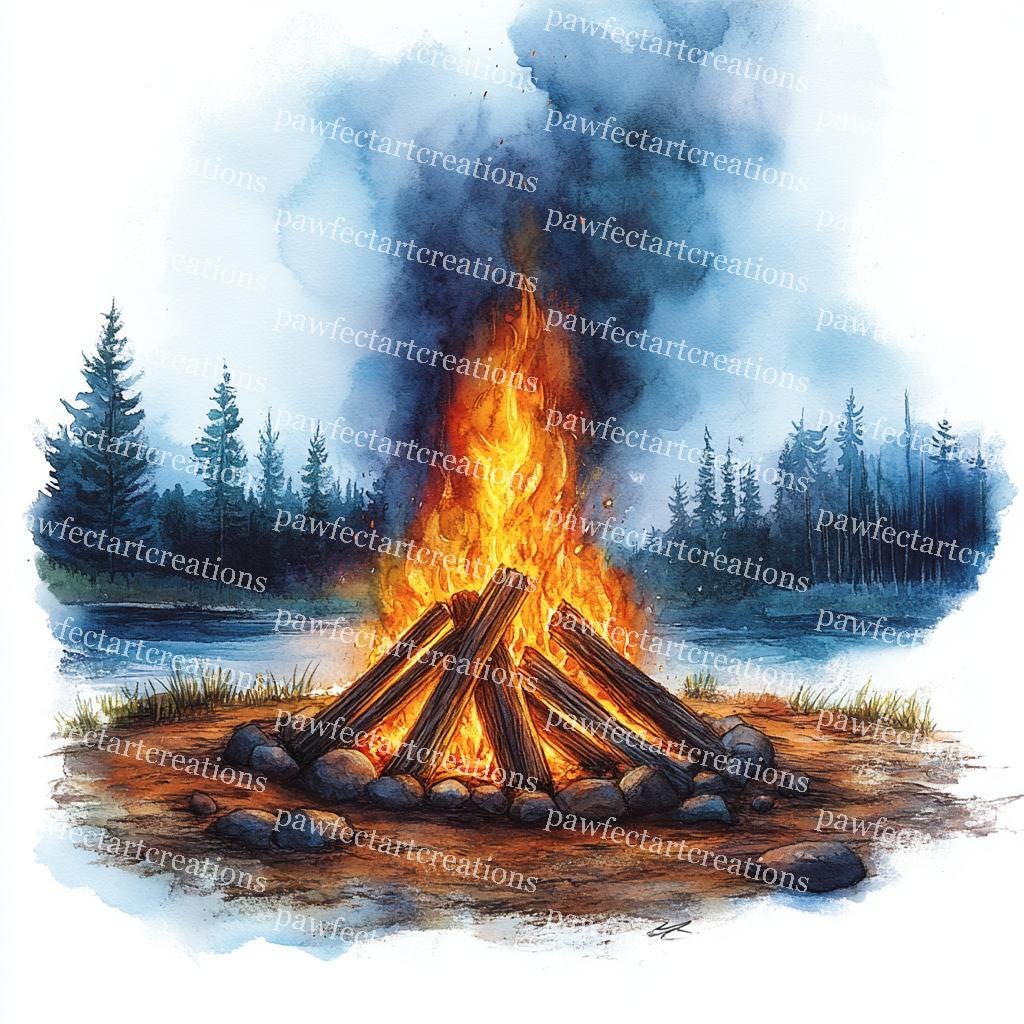 焚き火のクリップアート：水彩画のキャンプファイヤー、薪（デジタル