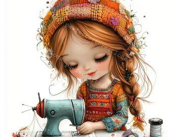 Peut inclure: Une jeune fille aux longs cheveux bruns et un chapeau en patchwork coloré est assise à une machine à coudre. Elle porte une robe rouge et bleue à motifs floraux. La machine à coudre est bleue et a une bobine de fil sur le côté. Il y a aussi des bobines de fil et d'autres fournitures de couture sur la table.