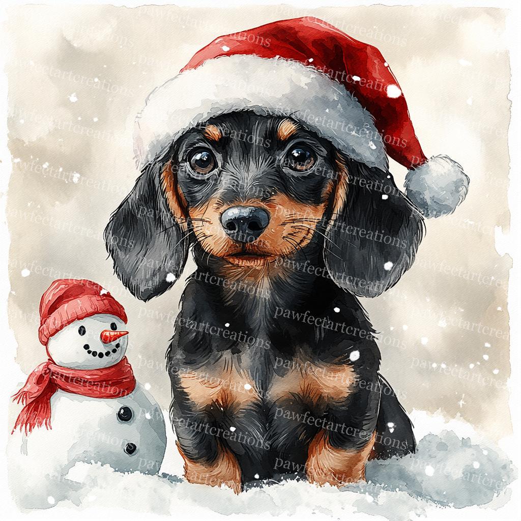 クリスマスのダックスフントのクリップアート：水彩画風の犬好きアート