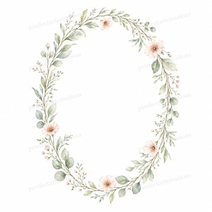 May include: Watercolor floral oval wreath with soft pink flowers, green leaves, and small white buds. The design is delicate and elegant, perfect for wedding invitations or other special events. The artwork is on a white background.