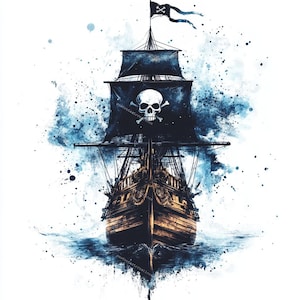 Puede incluir: Una pintura de acuarela de un barco pirata con una bandera de calavera y huesos cruzados. El barco navega a través de un fondo de acuarela azul y blanco.