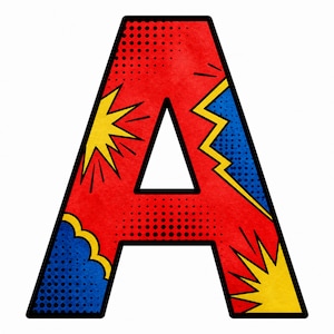 May include: A capital letter A featuring a red base with a black halftone dot pattern. The design includes yellow starburst shapes, a jagged yellow lightning bolt, and a blue cloud-like shape, all outlined with a thick black border.
