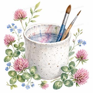 May include: Watercolor illustration of a speckled ceramic cup filled with water and two paintbrushes. The cup is surrounded by pink clover flowers, green leaves, and small blue forget-me-nots, creating a floral border. The paintbrushes have blue and wooden handles.