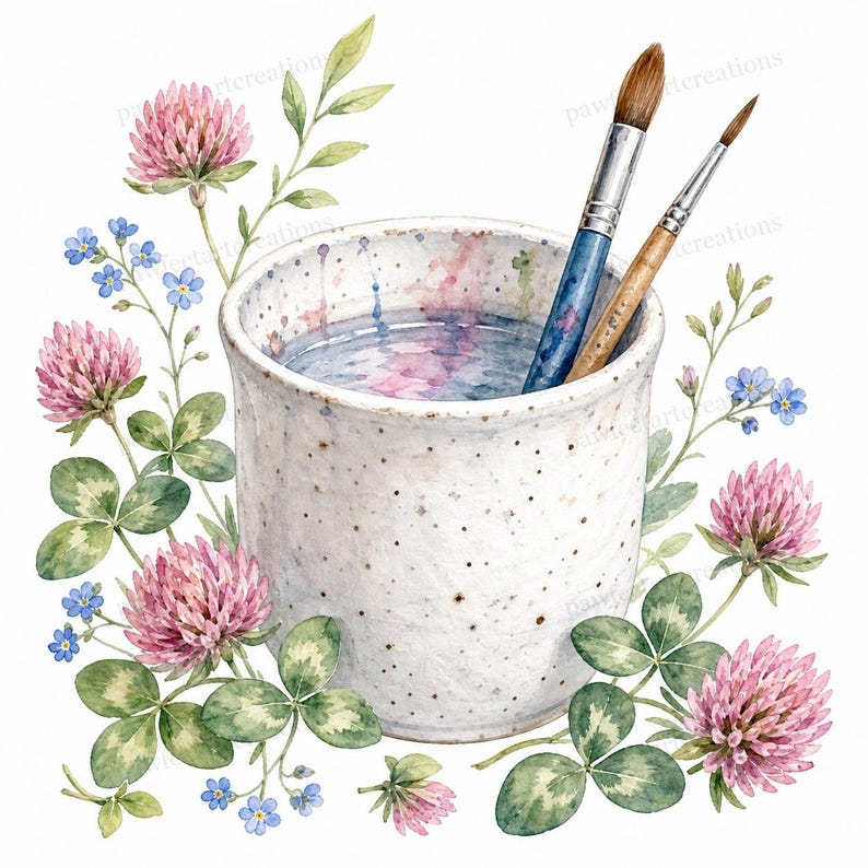 May include: Watercolor illustration of a speckled ceramic cup filled with water and two paintbrushes. The cup is surrounded by pink clover flowers, green leaves, and small blue forget-me-nots, creating a floral border. The paintbrushes have blue and wooden handles.