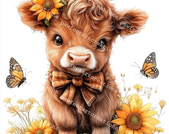20 Highland Cow-zonnebloem clipart: aquarel lentebloemen (digitale jpg download)