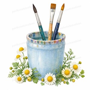 May include: Watercolor illustration of three paintbrushes in a light blue ceramic jar filled with water. The jar is decorated with colorful paint splatters around the rim. White daisies and green foliage surround the jar, creating a floral arrangement.