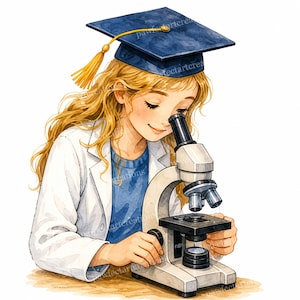 May include: A watercolor illustration of a person with long blonde hair wearing a dark blue graduation cap with a yellow tassel and a white lab coat, looking through a black and white microscope. The artwork features soft brush strokes and colors.