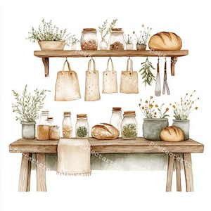 Kitchen Shelf Clipart: Rustic Watercolor Art, Junk Journal Graphics (Digital Download)