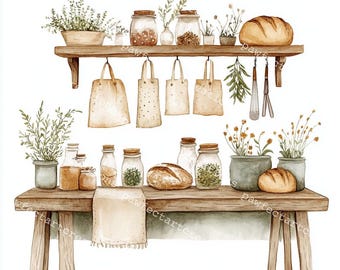 166 Kitchen Shelf Clipart: Rustic Watercolor Art, Junk Journal Graphics (Digital Download)