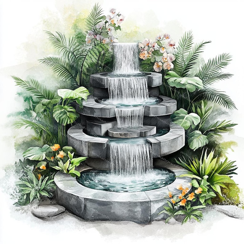 12 Garden Fountains Clipart, Floral Fountain, Floral Garden, Printable Watercolor, High-Quality JPGs, Papercraft, Junk Journal,Digital Craft