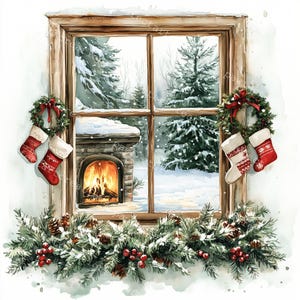 14 kerst romantisch venster landschapszicht, aquarel gezellige kerst, afdrukbare aquarel, hoogwaardige jpg's, papercraft, junkjournal