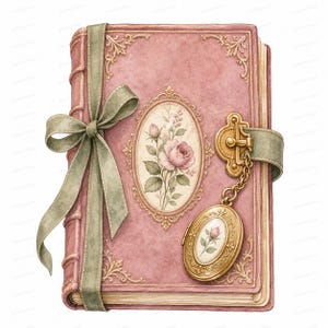 May include: A dusty pink hardcover book featuring gold filigree corners, a central oval floral illustration, and a sage green ribbon tied in a bow. A gold metal latch secures the book, with an attached oval locket displaying a single rosebud.