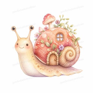20 Cottage Mushroom Snail Clipart, Watercolor JPG Clipart Bundle, Digital Download, Commercial Use, Printable Art