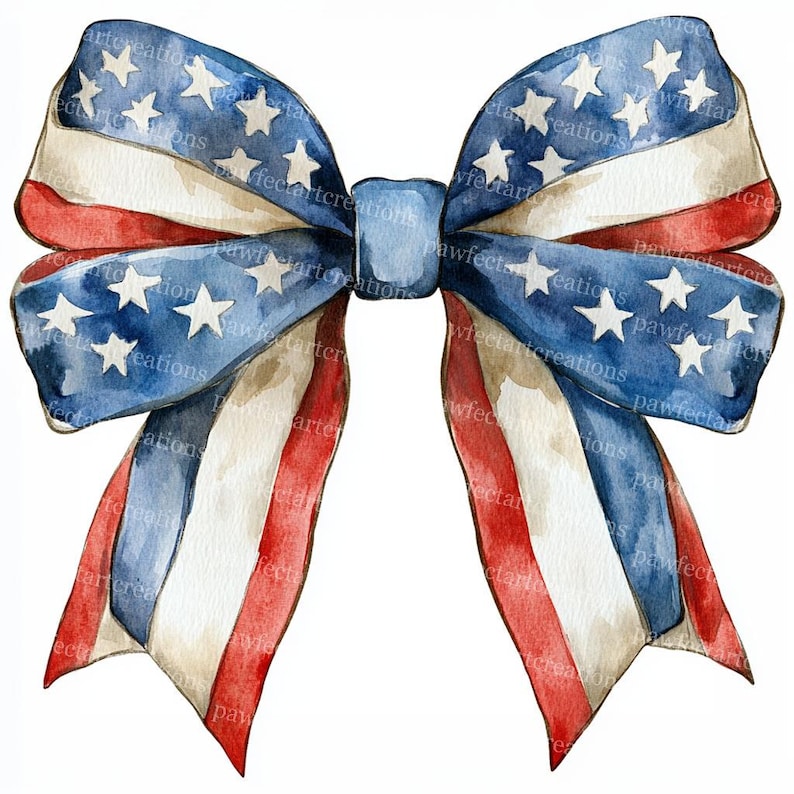 16 Patriotic Bows Clipart, USA Flag, 4th July Bow,Flag-Colored,Printable Watercolor, High-Quality JPGs,Papercraft Junk Journal,Digital Craft
