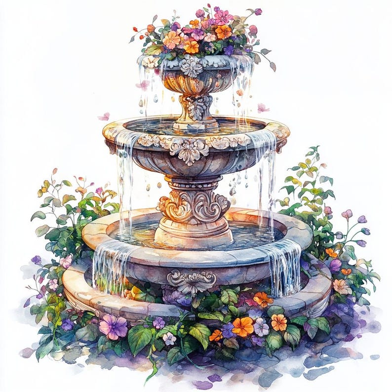 12 Garden Fountains Clipart, Floral Fountain, Floral Garden, Printable Watercolor, High-Quality JPGs, Papercraft, Junk Journal,Digital Craft