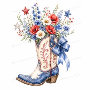 May include: A watercolour illustration of a cowboy boot filled with flowers. The boot is white and blue with red detailing. The flowers include red poppies, white daisies, and blue wildflowers. A blue bow is tied to the boot.