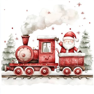 10 clipart fofos de trem de Natal, trem de desenho animado, cartão de Natal, aquarela para impressão, JPGs de alta qualidade, diário de lixo de papel, artesanato digital