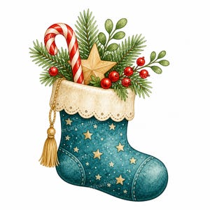 May include: A teal Christmas stocking with a cream-coloured cuff and gold star pattern. It is filled with green pine branches, a red and white striped candy cane, a gold star ornament, and sprigs of red berries. A gold tassel hangs from the side.