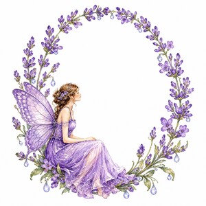 May include: A digital illustration of a fairy with translucent purple butterfly wings, wearing a flowing lavender dress, sitting within a circular wreath of purple lavender sprigs and small clear water droplets on a plain white background.