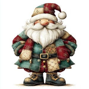 May include: A watercolor illustration of Santa Claus in a patchwork coat and hat. The Santa figure has a long white beard, rosy cheeks, and a round nose. His outfit is a mix of red, green, and cream-colored fabrics, with a gold buckle on his belt. He wears black boots.
