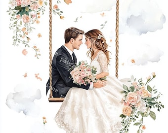 22 Wedding Swing Clipart: Bride and Groom Watercolor Art (JPG Digital Download)