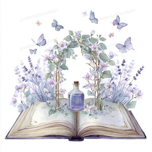 May include: Watercolor illustration of an open book with a bottle of purple liquid and a floral arch. Lavender and white flowers, along with butterflies, surround the book. The image has a whimsical, fantasy theme.