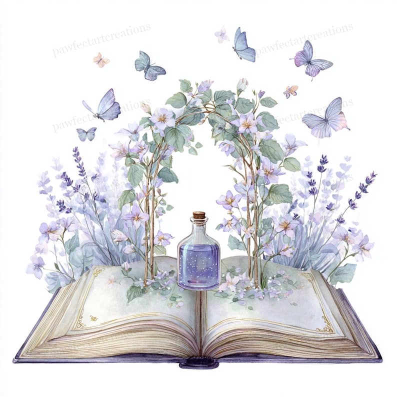 May include: Watercolor illustration of an open book with a bottle of purple liquid and a floral arch. Lavender and white flowers, along with butterflies, surround the book. The image has a whimsical, fantasy theme.