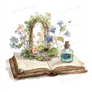 32 Enchanted Storybook Clipart, Watercolor Magical Fairy Book JPGs, Vintage Fantasy Book Art, Digital Download image 15