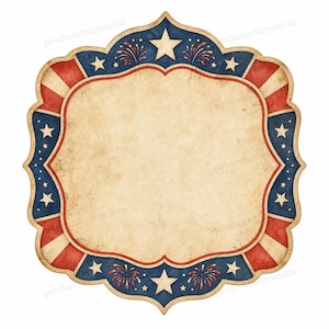Puede incluir: Un marco decorativo festoneado con un centro de estilo pergamino vintage. El borde presenta un diseño patriótico con secciones azul marino, rayas rojas y crema, estrellas blancas e ilustraciones de fuegos artificiales rojos y azules.