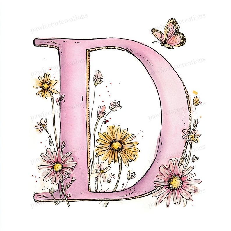 Spring Letter D 26 Spring Alphabet Clipart, Doodle Floral Letters Art, Watercolor ...