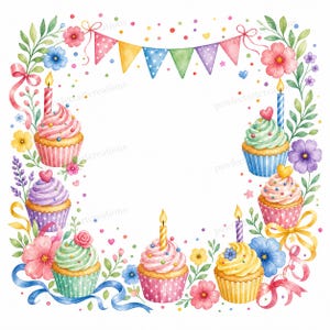 May include: Watercolor illustration of a birthday-themed design. The image features colorful cupcakes with lit candles, surrounded by flowers, ribbons, and a banner. The cupcakes have pink, green, purple, and yellow frosting with sprinkles.