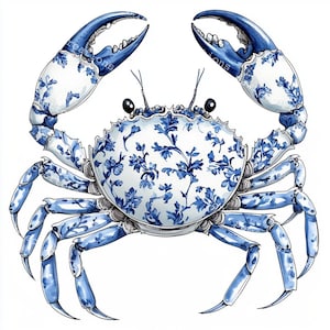 10 Chinoiserie Crab Clipart, Nautical Clipart, Printable Watercolor, High-Quality JPGs, Papercraft, Junk Journal, Digital Craft