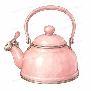 Pode incluir: Uma ilustração em aguarela de uma chaleira cor-de-rosa claro com corpo arredondado, tampa a condizer com um pequeno botão e pega curva. A chaleira apresenta um bico prateado com mecanismo de alavanca e uma borda metálica na base.