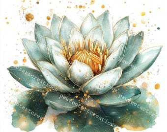 容音水彩画　蓮の花とつばめ　値段は※900円です 20 枚の睡蓮のクリップアートセット：ジャンクジャーナル用の水彩画の