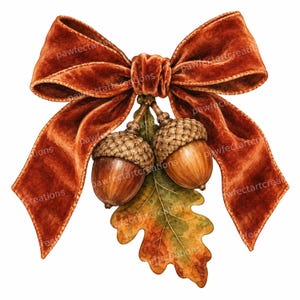 May include: A decorative illustration of a large, deep rust-colored velvet bow tied above two brown acorns with textured caps and a single variegated oak leaf in shades of green, yellow, and orange, featuring a repeating watermark text.