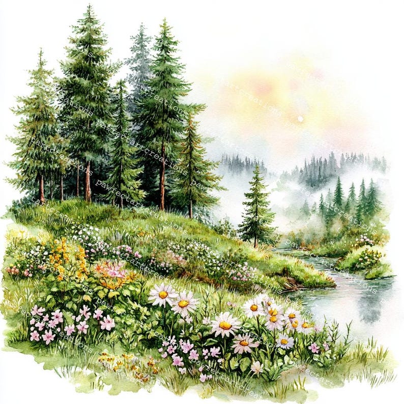 22 Forest Landscape Clipart, Greenery Landscape, Nature Clipart, Printable Watercolor, High-Quality JPGs, Junk Journal, Digital Craft