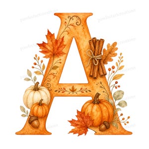 Peut inclure: Une grande lettre A décorative orange ornée d'une illustration style aquarelle d'éléments d'automne, incluant des feuilles d'érable, des citrouilles, des bâtons de cannelle liés par de la ficelle et des glands, avec le texte pawfectartcreations en arrière-plan.