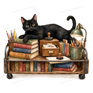 May include: A black cat resting on a wooden rolling cart filled with stacks of books, a small wooden card catalog drawer, a green desk lamp, and two metal pencil holders containing various colored pencils and pens on a white background.