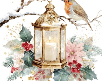 15 Christmas Lantern With Bird Clipart, Christmas Card, Christmas Bird, Printable Watercolor,High-Quality JPGs,Junk Journal,Digital Craft