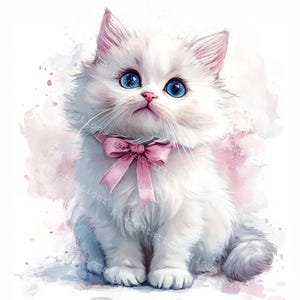 10 Clipart di gatto bianco con fiocco, fiocco rosa, creazione di biglietti, adorabile clipart di gatto, acquerello stampabile, JPG di alta qualità, carta, diario spazzatura