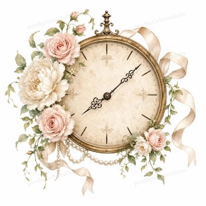 Può includere: Un orologio da parete rotondo con cornice in bronzo metallizzato e quadrante color crema con lancette nere. L'orologio è decorato con rose rosa tenue, peonie bianche, foglie verdi, un nastro color crema e una collana di perle bianche.