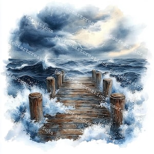 Clipart aquarelle océan orageux : art de la mer ouragan (Téléchargement numérique, JPG 4096 x 4096 px)