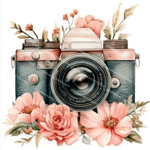 Vintage Floral Camera Clipart: Watercolor Photo Camera Graphics (Digital Download)