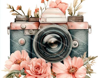 Vintage Floral Camera Clipart: Watercolor Photo Camera Graphics (Digital Download)