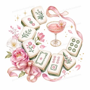 May include: Watercolor illustration of mahjong tiles, a cocktail, and flowers in shades of pink, white, and green. The tiles have floral and dot designs. A pink ribbon and gold accents complete the design.