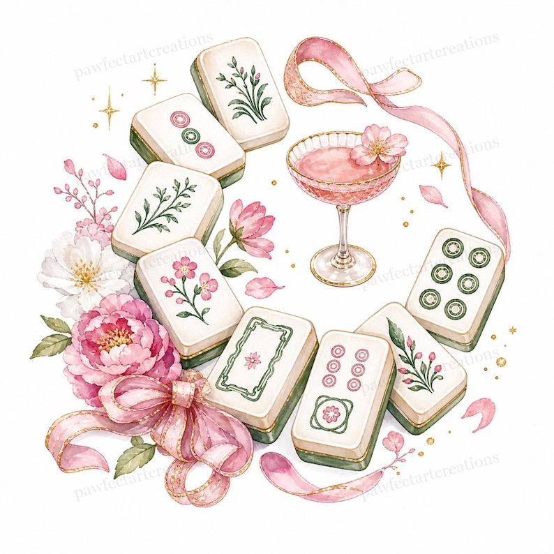 May include: Watercolor illustration of mahjong tiles, a cocktail, and flowers in shades of pink, white, and green. The tiles have floral and dot designs. A pink ribbon and gold accents complete the design.